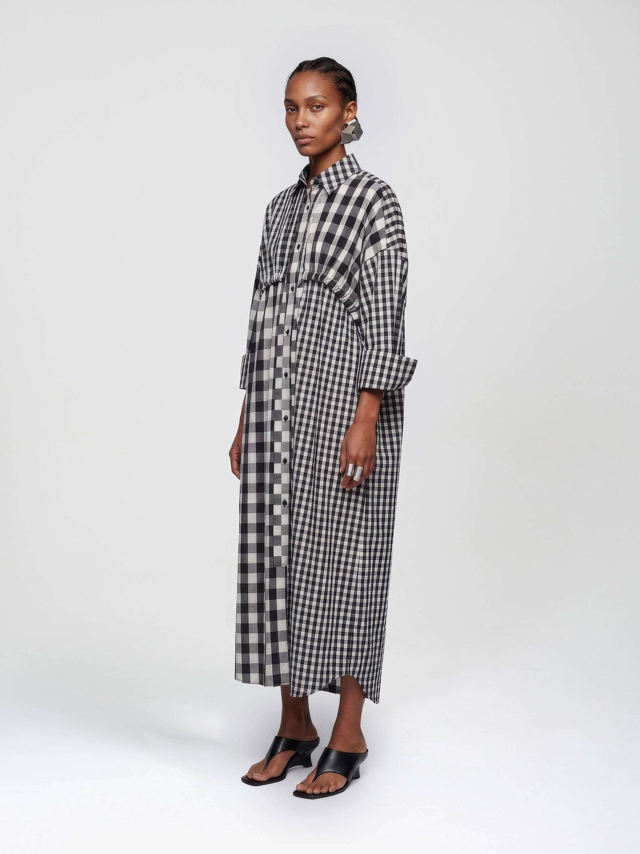 black and white checkered shirt dress Selianne Women's Elegant Black And White Checkered Striped Long Sleeve Maxi Dress,Autumn Office Lapel Collar Shirt Dress With Waist Belt,Casual Daily Wear