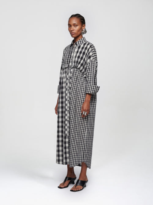 BIND SHIRT DRESS - CHECKED BLACK + WHITE